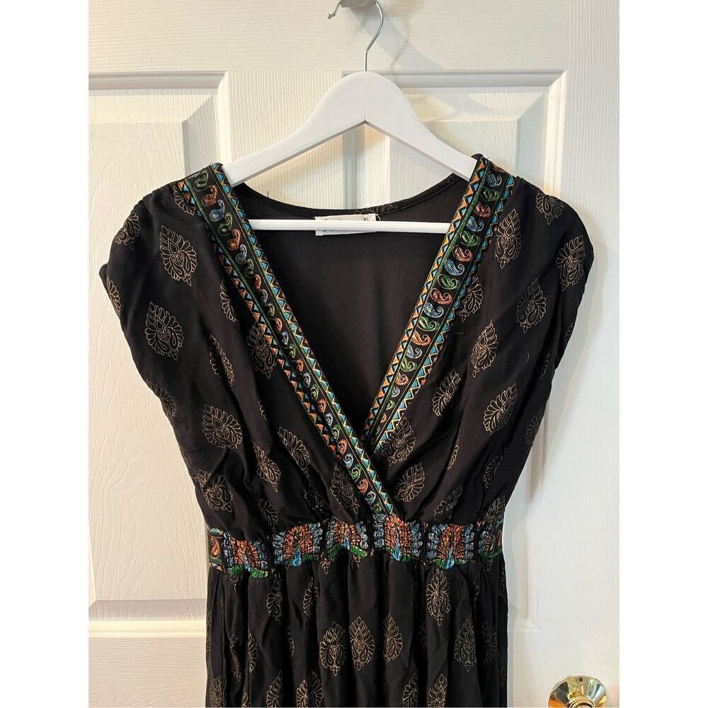 Lapogee Black Faux Embroidered Rayon Surplice Elastic Waist Maxi Dress sz XL